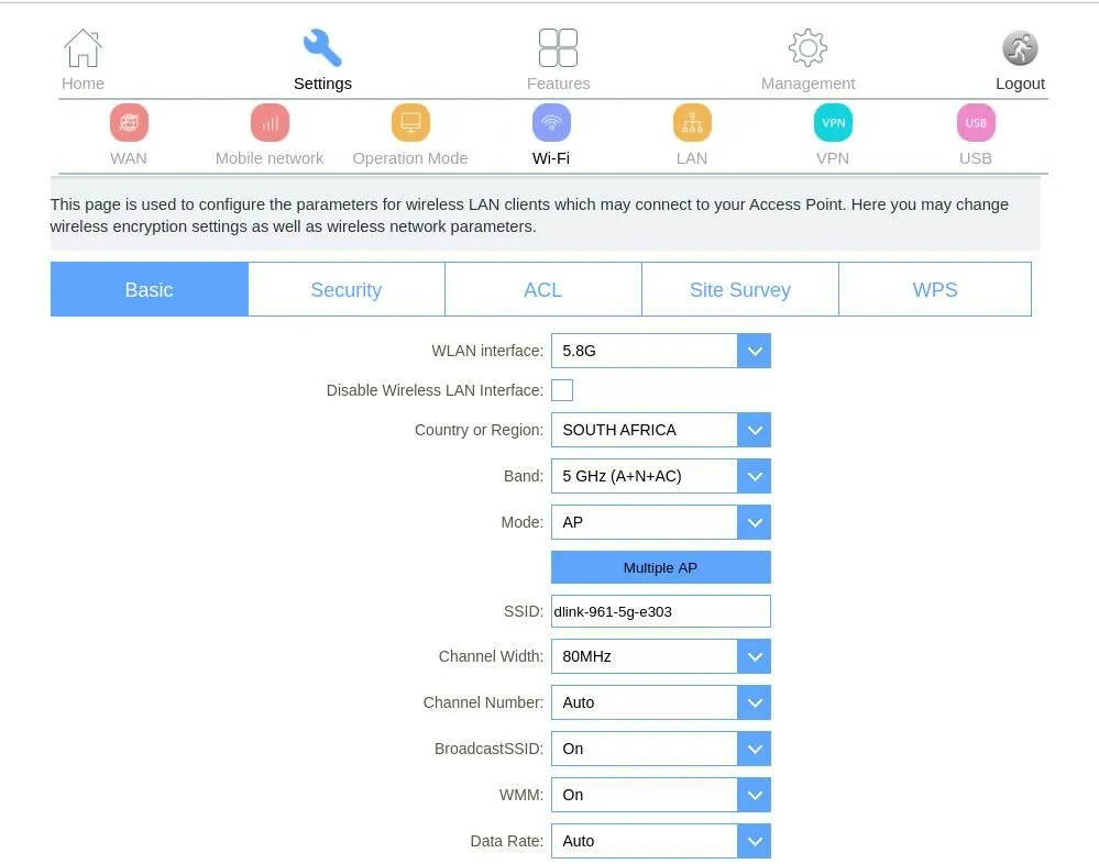 DLink DWR-M961 WiFi Settings